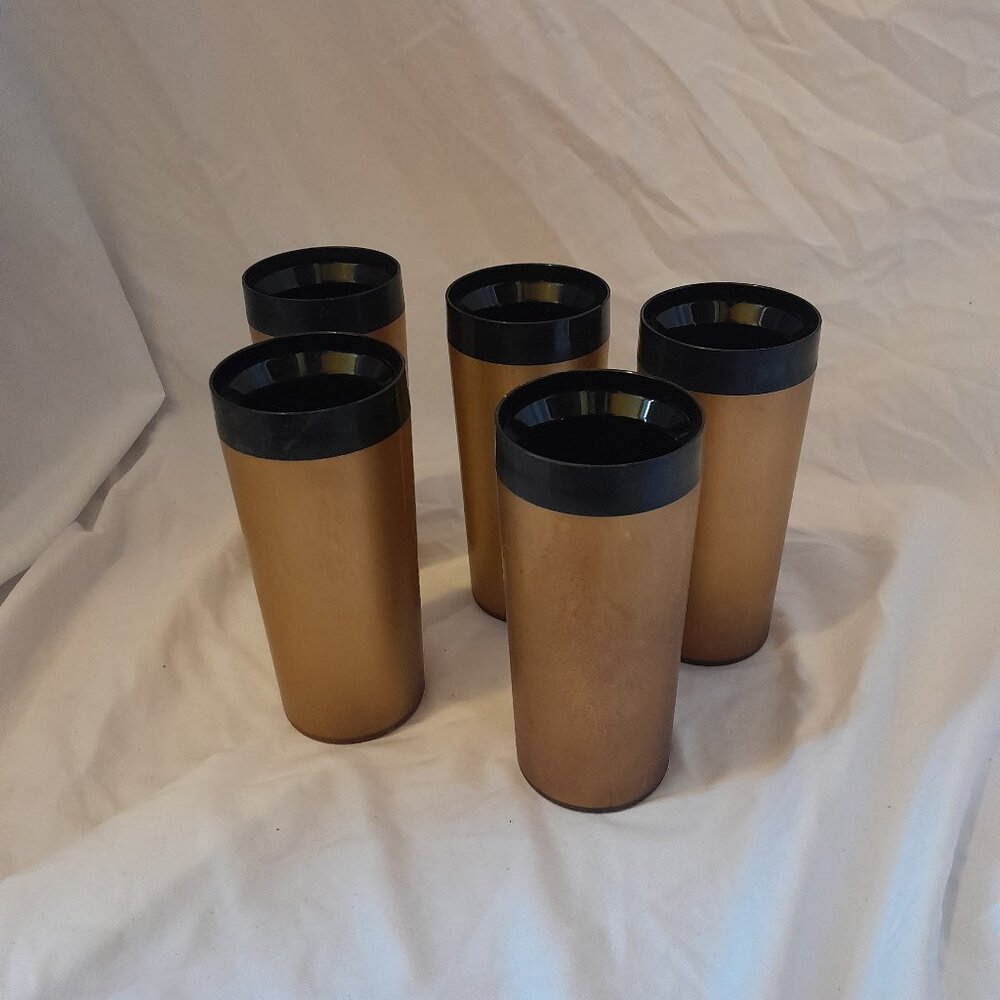 RARE Vintage Retro 1950's Insulated Plastic Tumblers Gold Black Set of 5